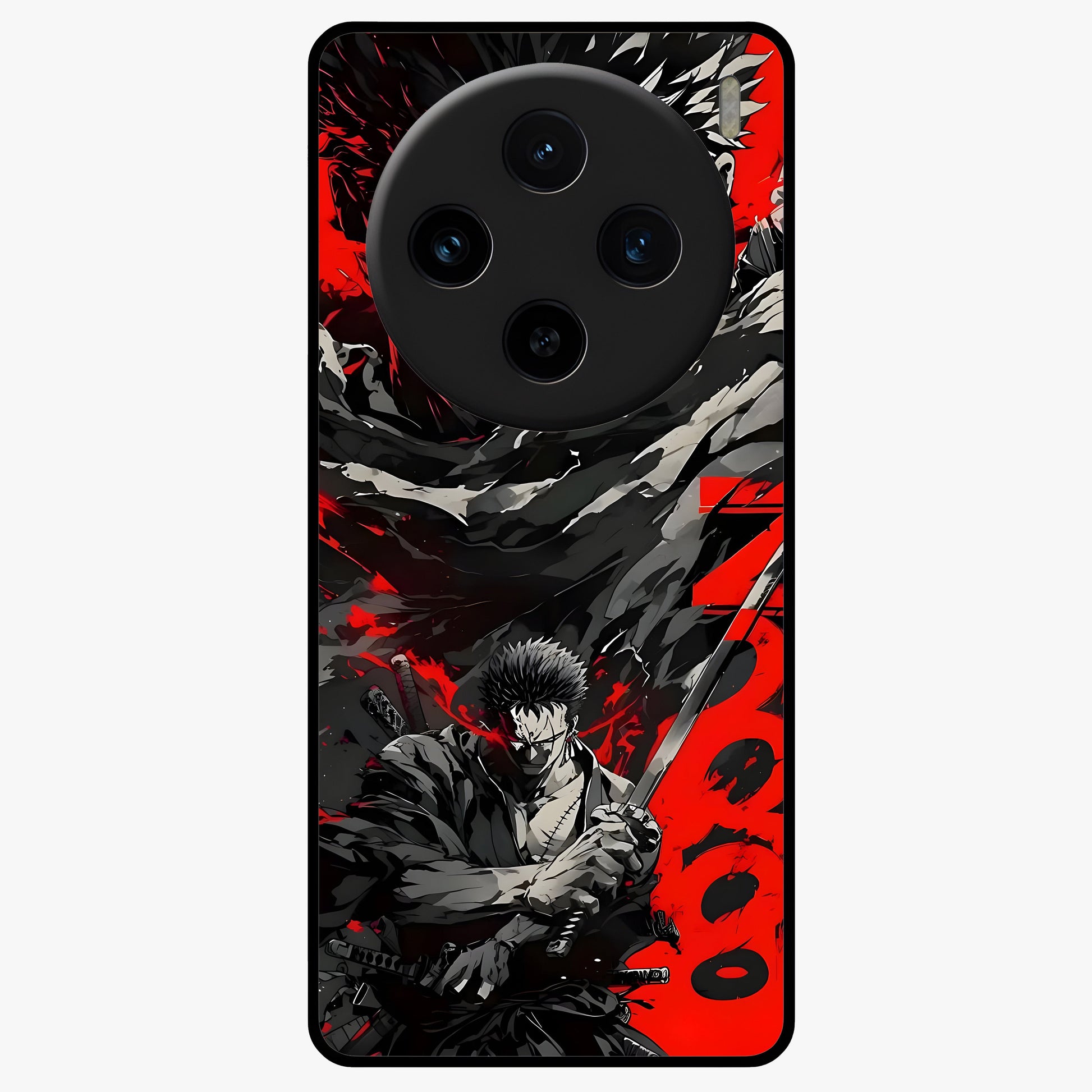 Demon Sword Resolve Glass Case showing flat back view with fierce sword warrior artwork and glossy glass finish.