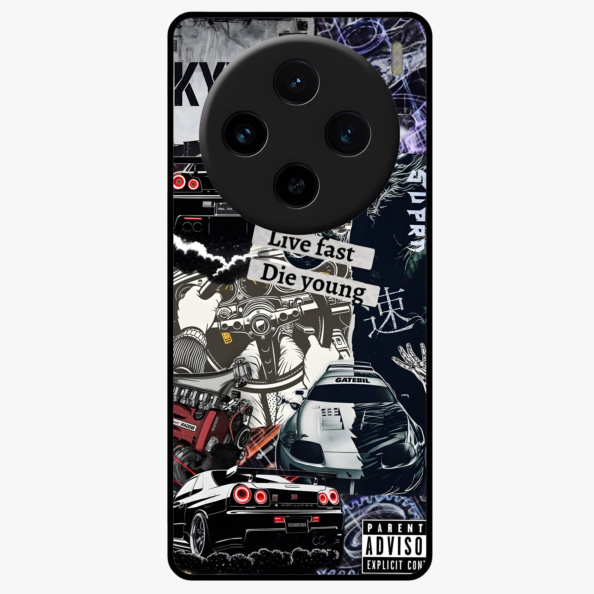 Die Young Glass Case showing flat back view with bold artistic typography design and glossy glass finish.