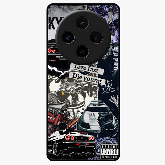 Die Young Glass Case showing flat back view with bold artistic typography design and glossy glass finish.
