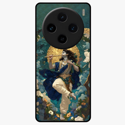 Divine Krishna Art Glass Case showing flat back view with Lord Krishna artwork and glossy glass finish.