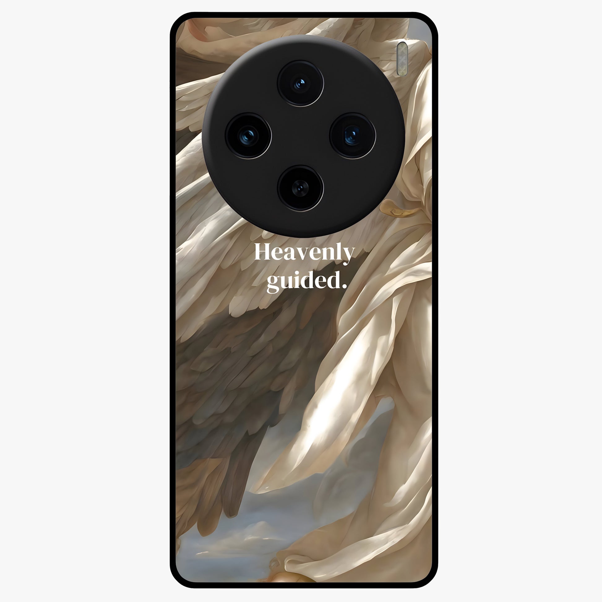 Divine Winged Grace Glass Case showing flat back view with elegant wing inspired artwork and glossy glass finish.