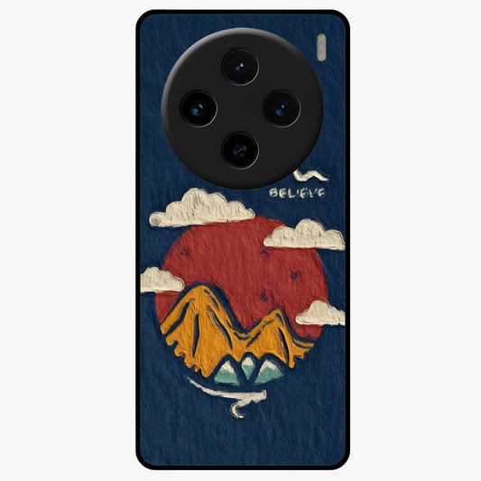 Dream Beyond Mountains Glass Case showing flat back view with scenic mountain landscape artwork and glossy glass finish.