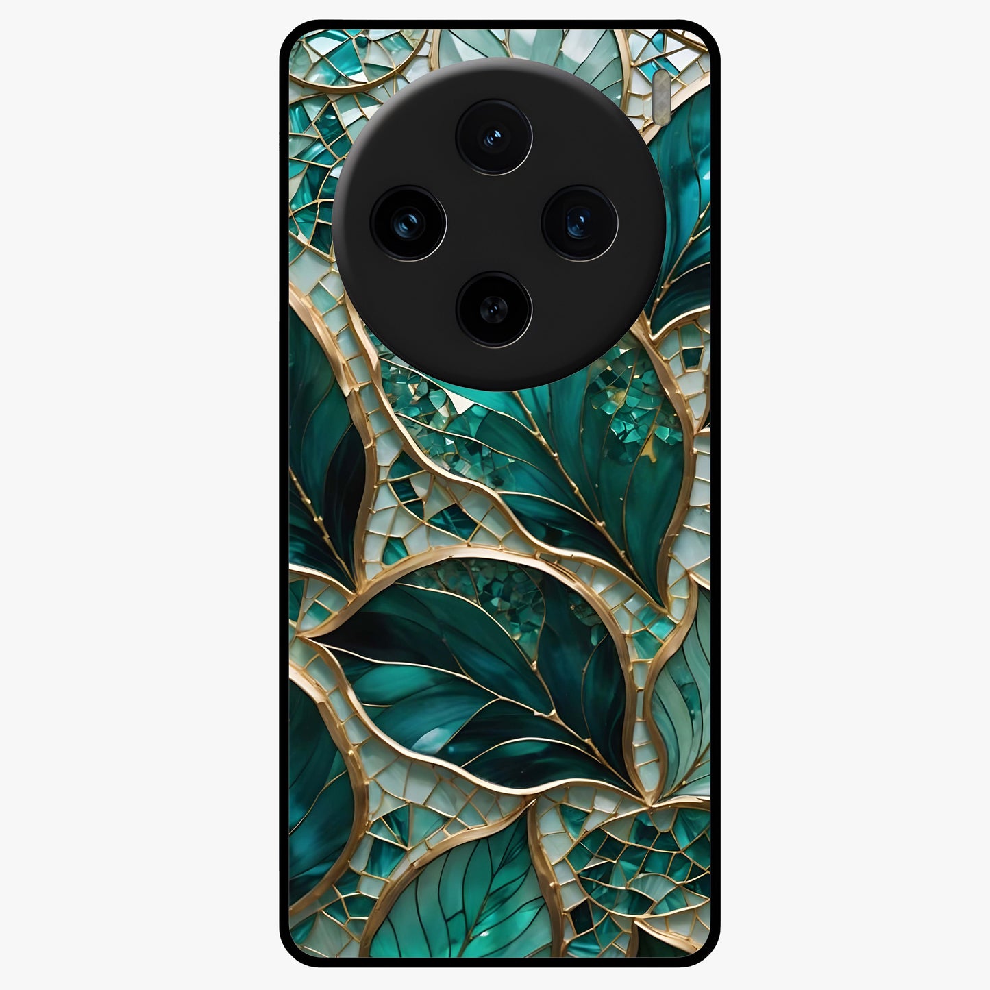 Emerald Leaf Glass Glass Case showing flat back view with emerald green leaf artwork and glossy glass finish.