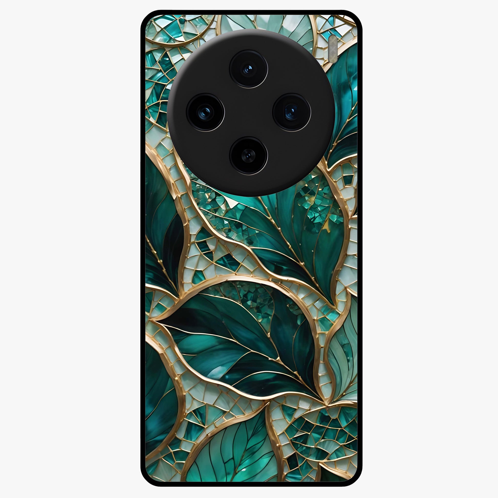 Emerald Leaf Glass Glass Case showing flat back view with emerald green leaf artwork and glossy glass finish.