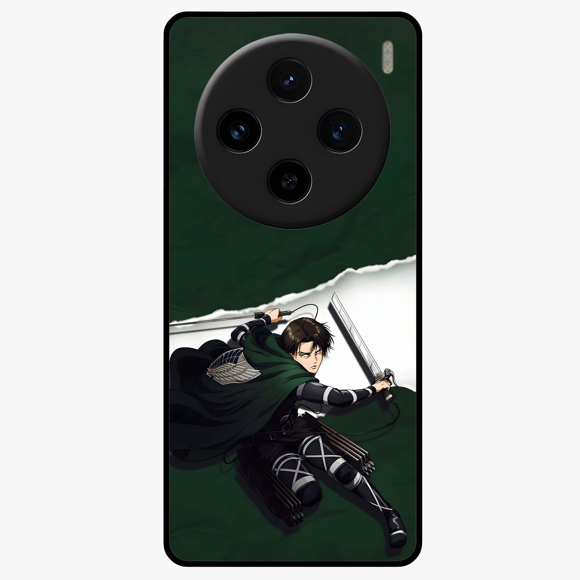 Emerald War Vanguard Glass Case showing flat back view with powerful warrior themed artwork and glossy glass finish.