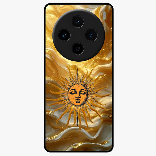 Eternal Golden Glow Glass Case showing flat back view with radiant golden themed artwork and glossy glass finish.