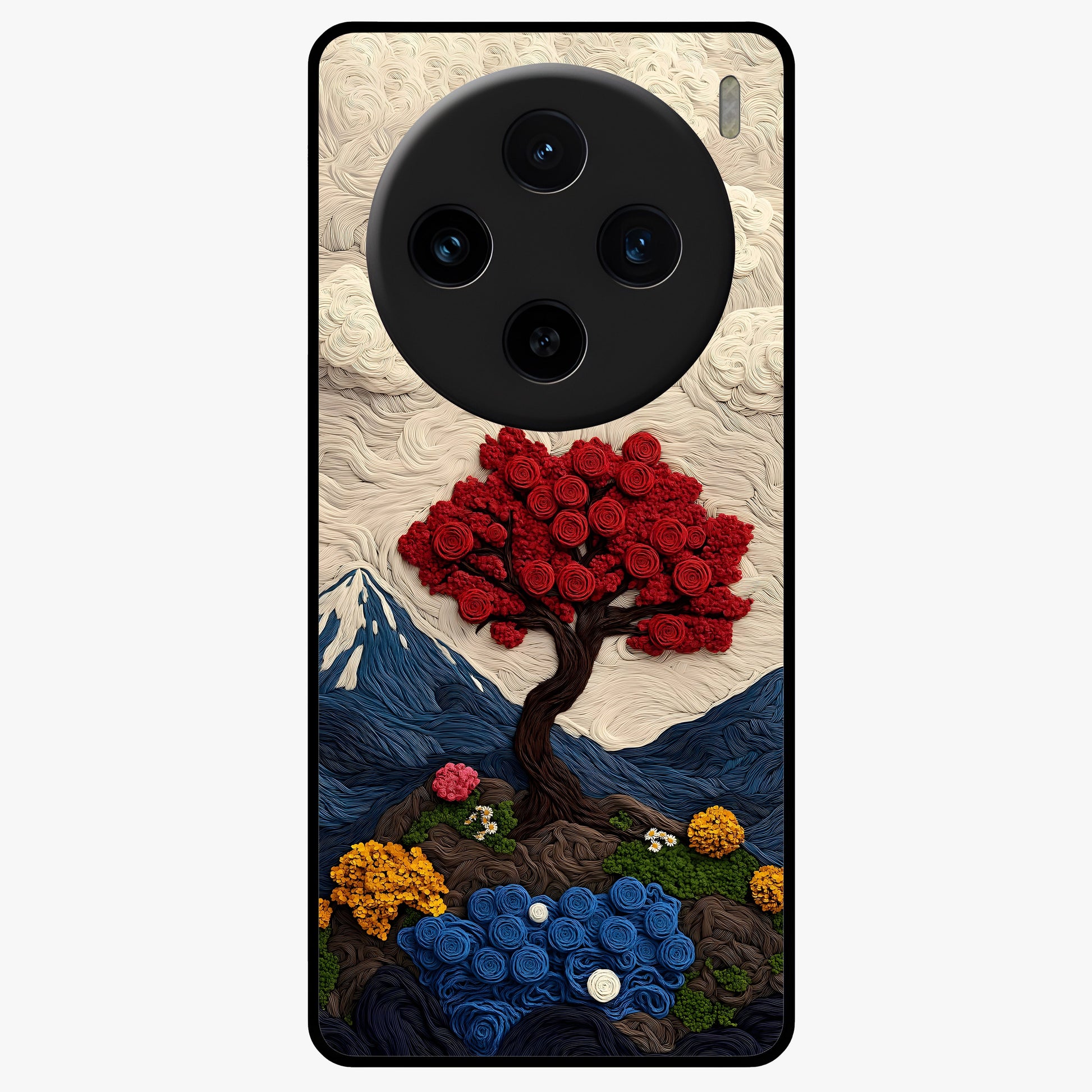Eternal Nature Tapestry Glass Case showing flat back view with intricate nature tapestry artwork and glossy glass finish.