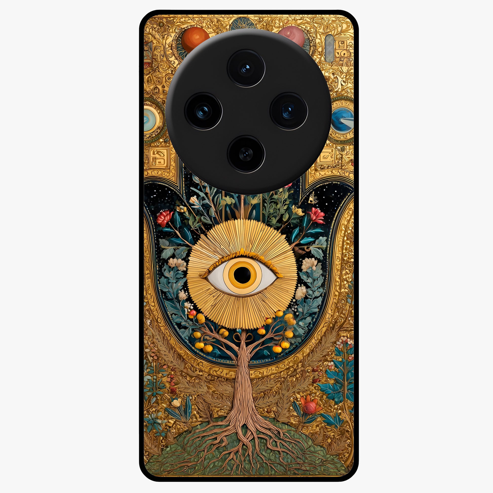 Ethereal Evil Eye Glass Case showing flat back view with mystical evil eye artwork and glossy glass finish.