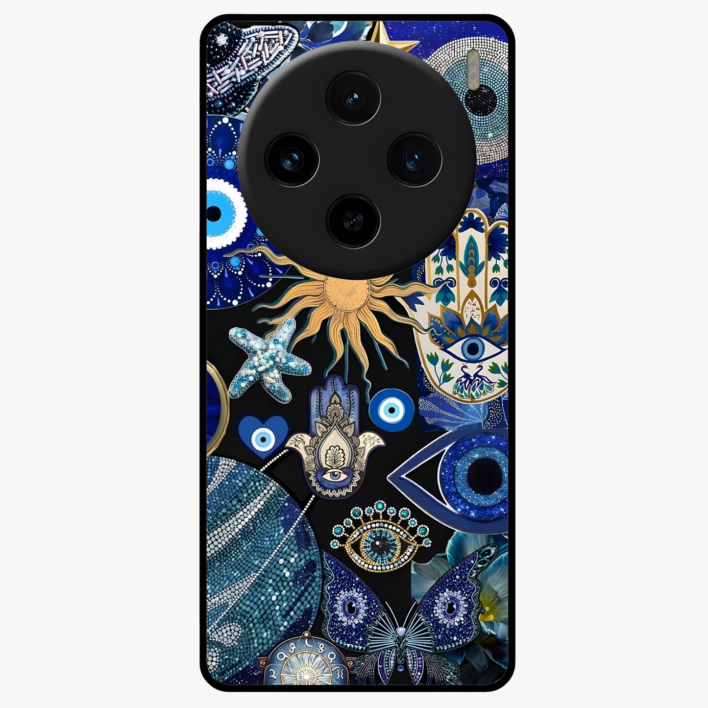 Evil Eye Charm Mix Glass Case showing flat back view with multiple evil eye charms artwork and glossy glass finish.