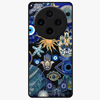 Evil Eye Charm Mix Glass Case showing flat back view with multiple evil eye charms artwork and glossy glass finish.