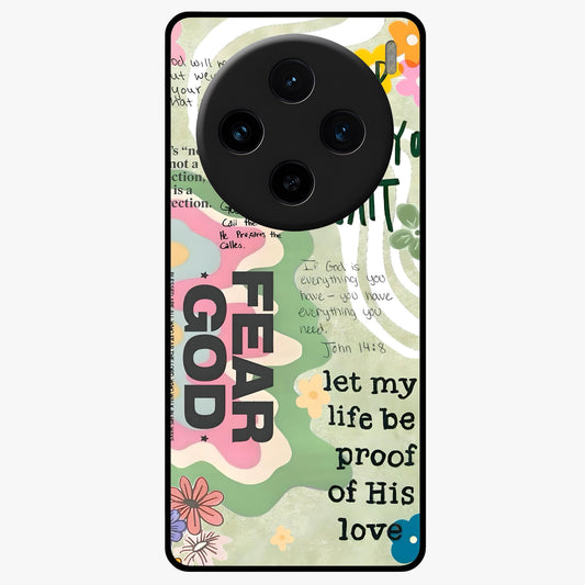 Faith Over Fear Glass Case showing flat back view with motivational typography artwork and glossy glass finish.