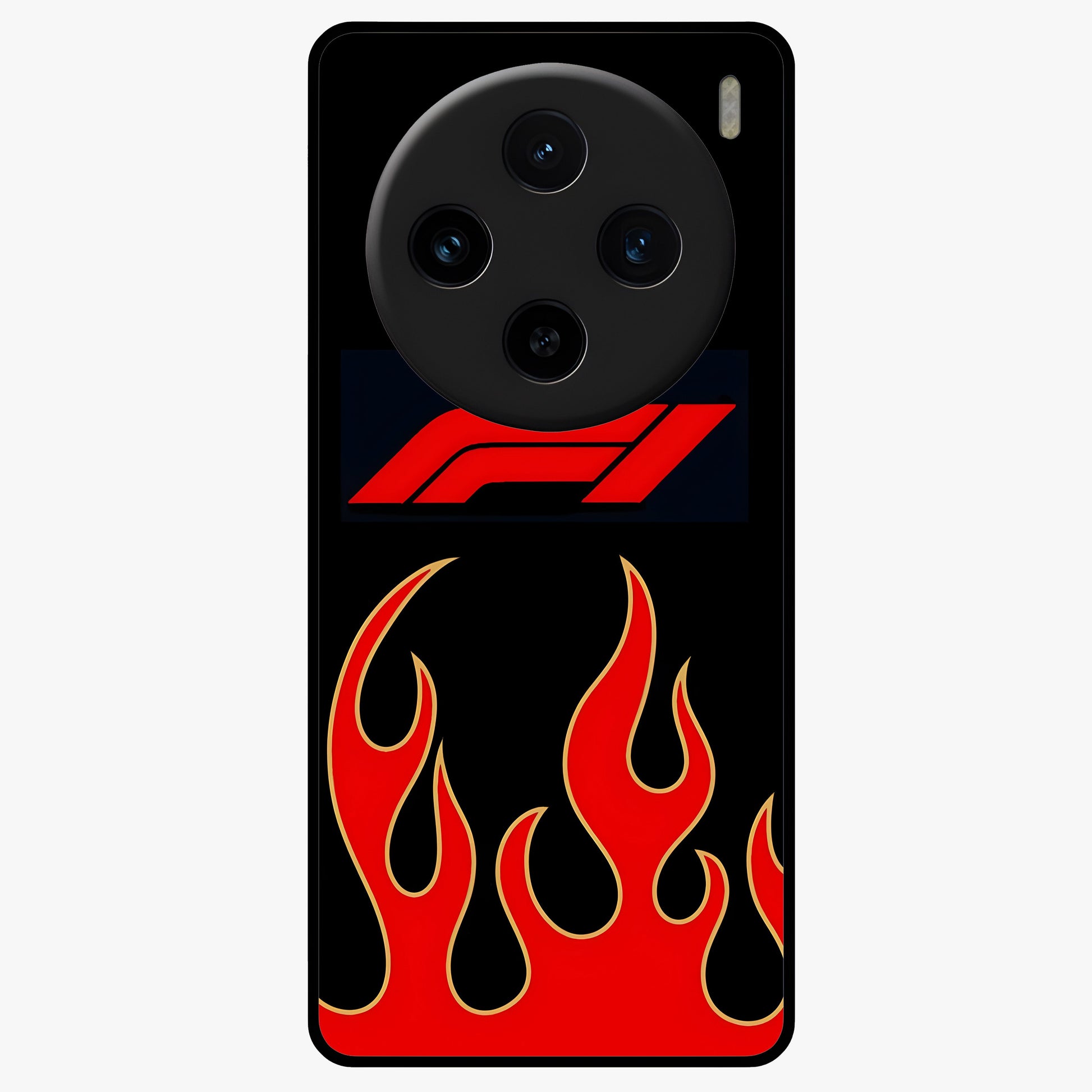 Fire F11 Glass Case showing flat back view with fiery themed artwork and glossy glass finish.
