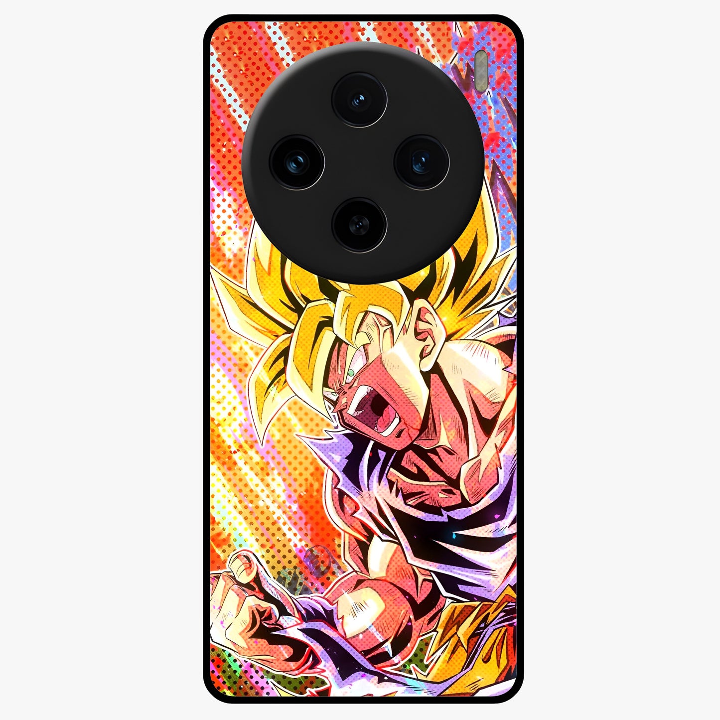 Firing Goku Glass Case showing flat back view with powerful anime inspired artwork and glossy glass finish.