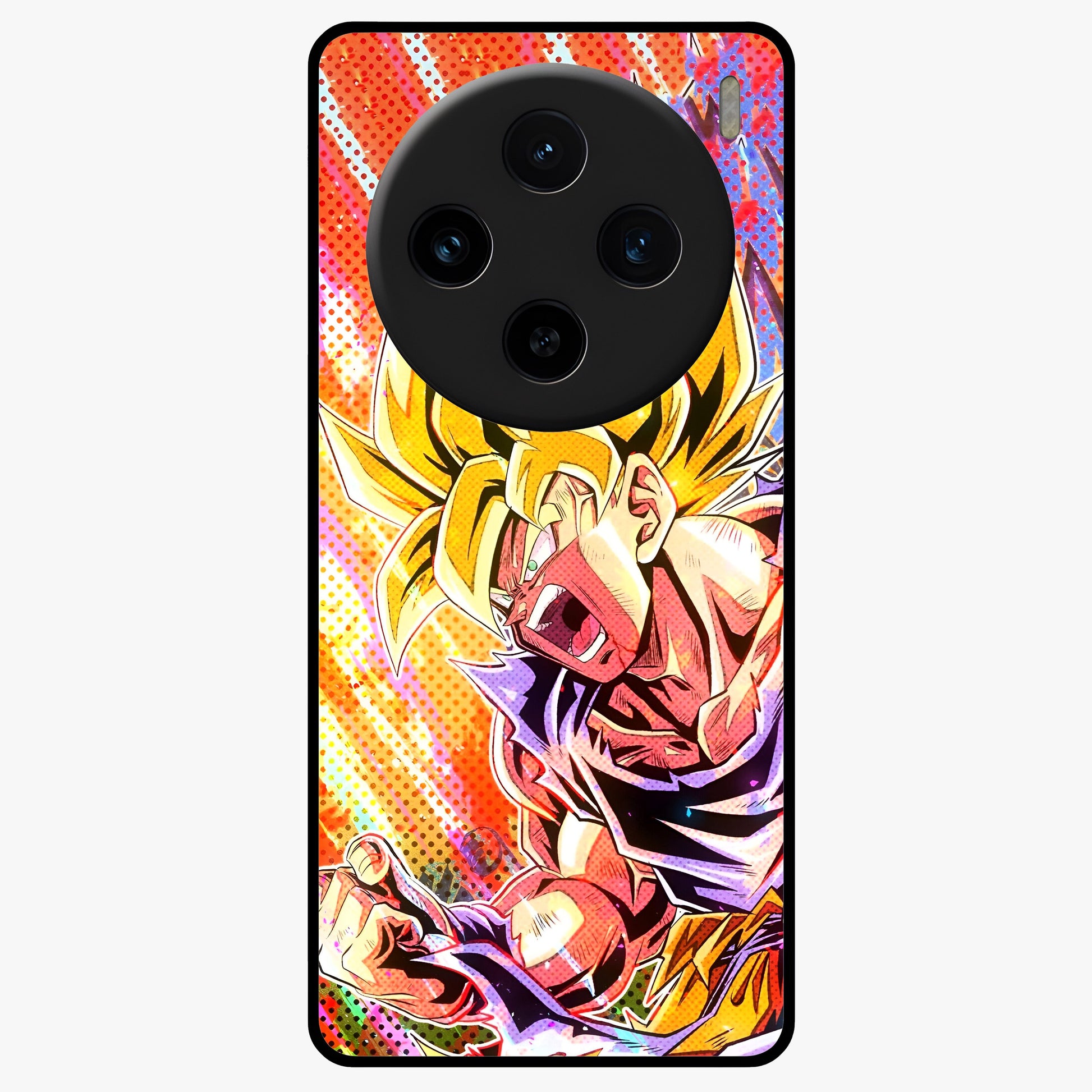 Firing Goku Glass Case showing flat back view with powerful anime inspired artwork and glossy glass finish.