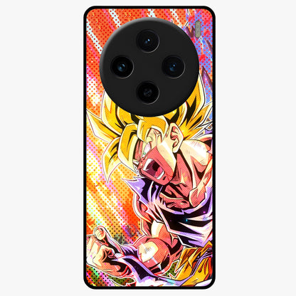Firing Goku Glass Case showing flat back view with powerful anime inspired artwork and glossy glass finish.