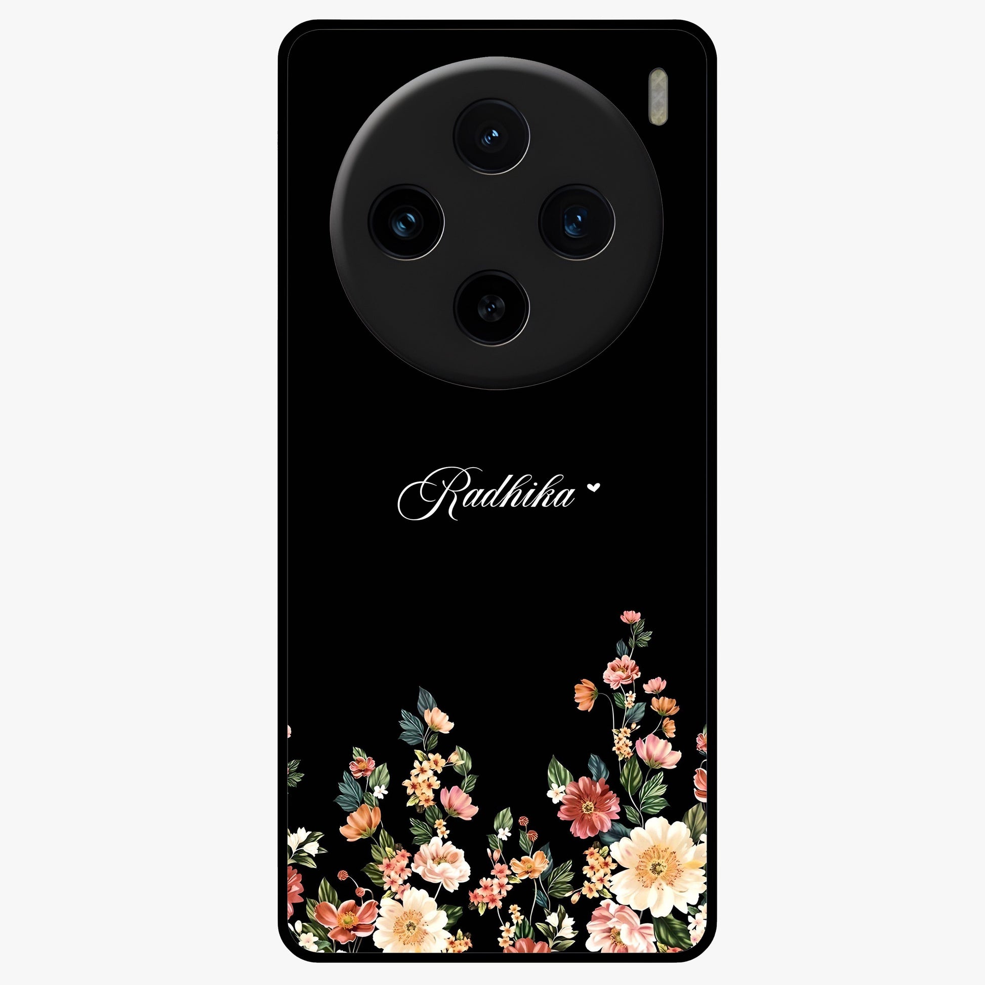 Floral Design With a Custom Personalized Name Glass Case showing flat back view with floral artwork and personalized name design.