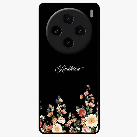 Floral Design With a Custom Personalized Name Glass Case showing flat back view with floral artwork and personalized name design.