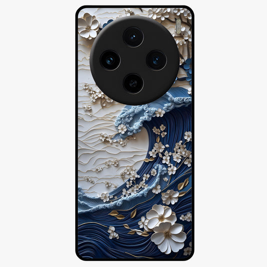 Floral Wave Origami Glass Case showing flat back view with origami inspired floral wave artwork and glossy glass finish.