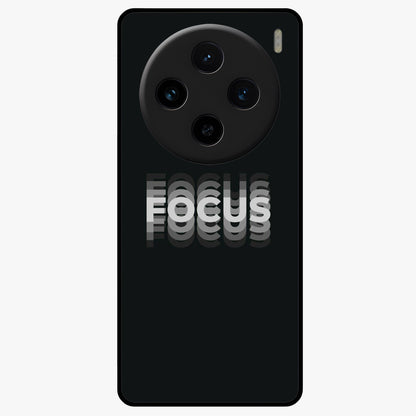 Focus Mode On Glass Case showing flat back view with bold motivational typography design and glossy glass finish.
