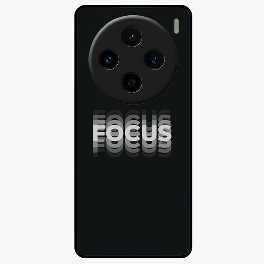Focus Mode On Glass Case showing flat back view with bold motivational typography design and glossy glass finish.