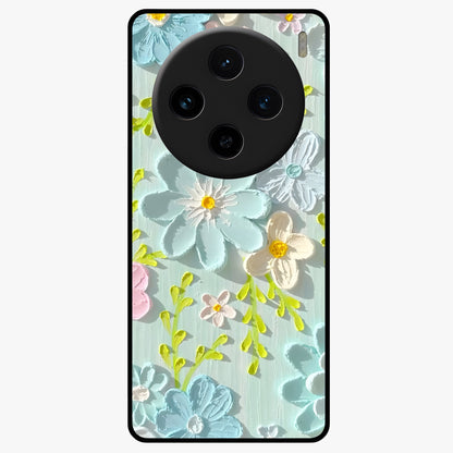 Frosted Petal Garden Glass Case showing flat back view with soft frosted floral artwork and glossy glass finish.
