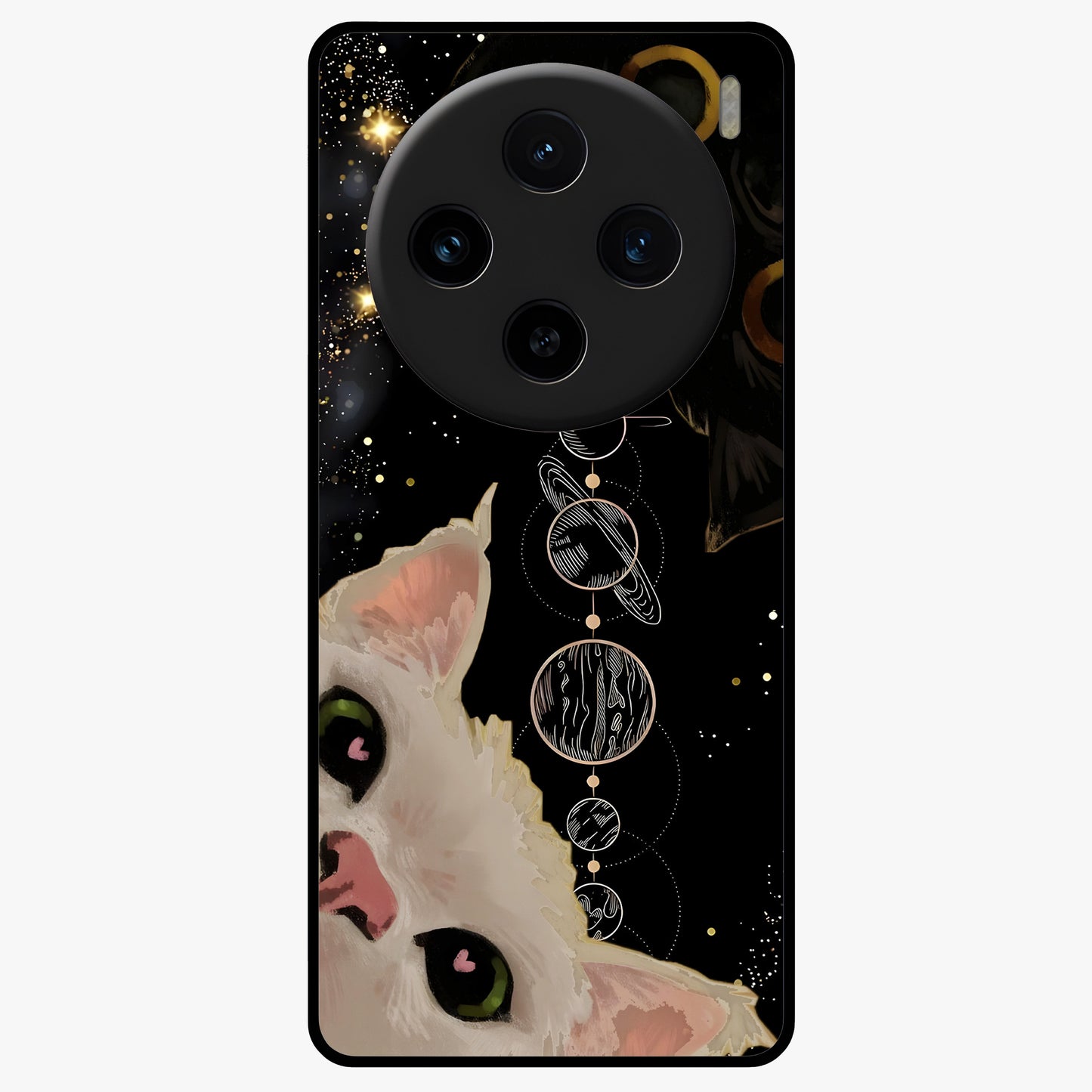 Galactic Cat Glass Case showing flat back view with cosmic cat artwork and glossy glass finish.