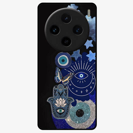 Galactic Charm Cluster Glass Case showing flat back view with glowing celestial charm artwork and glossy glass finish.