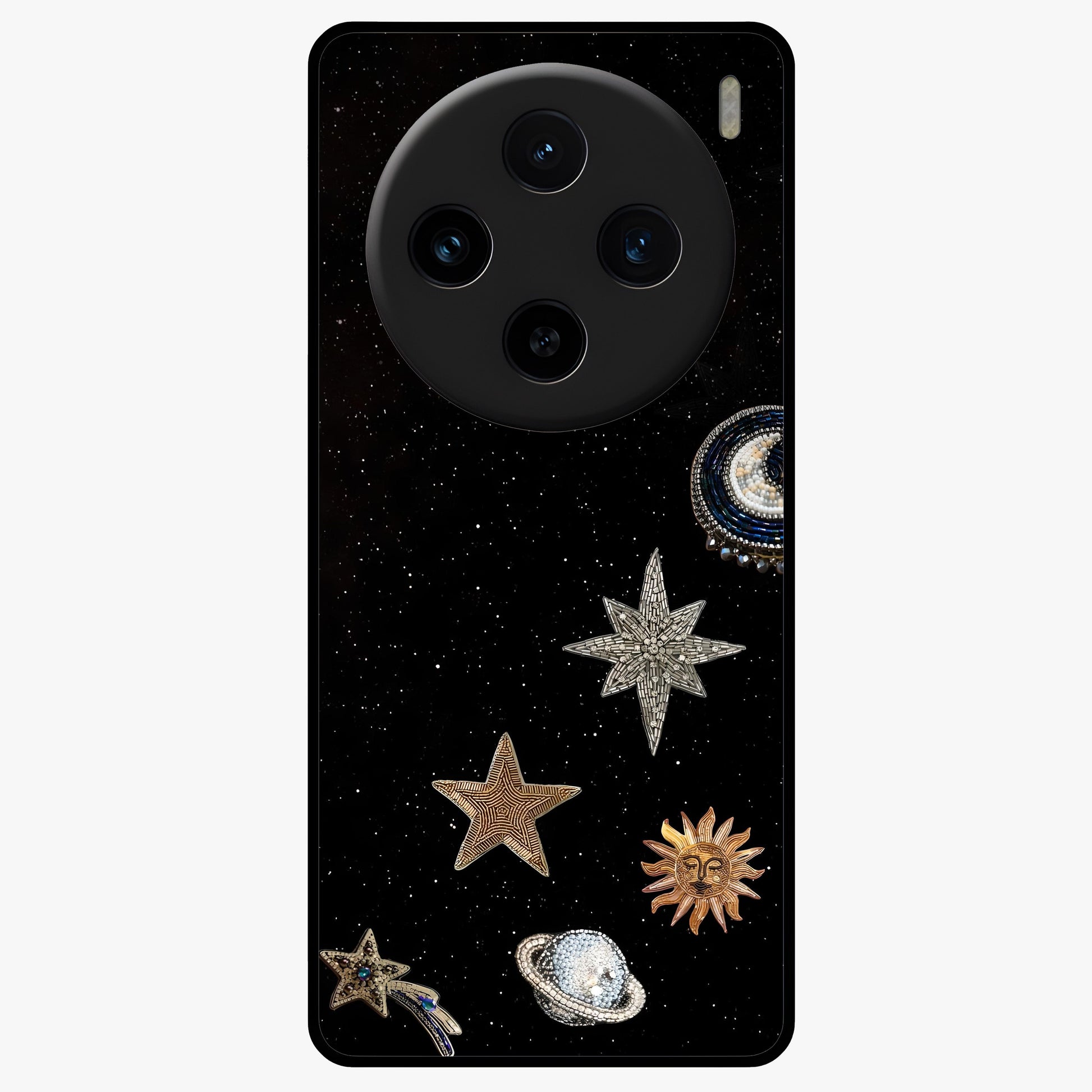 Galactic Charm Glow Glass Case showing flat back view with glowing celestial charm artwork and glossy glass finish.