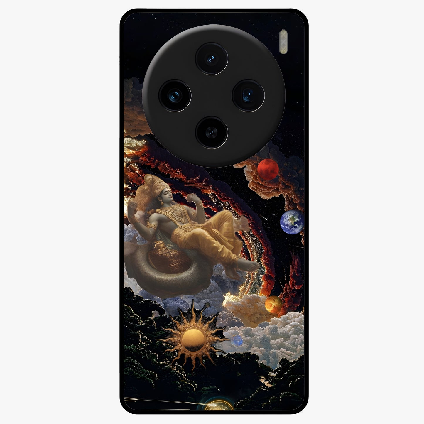 Galactic Divine God Glass Case showing flat back view with divine cosmic themed artwork and glossy glass finish.