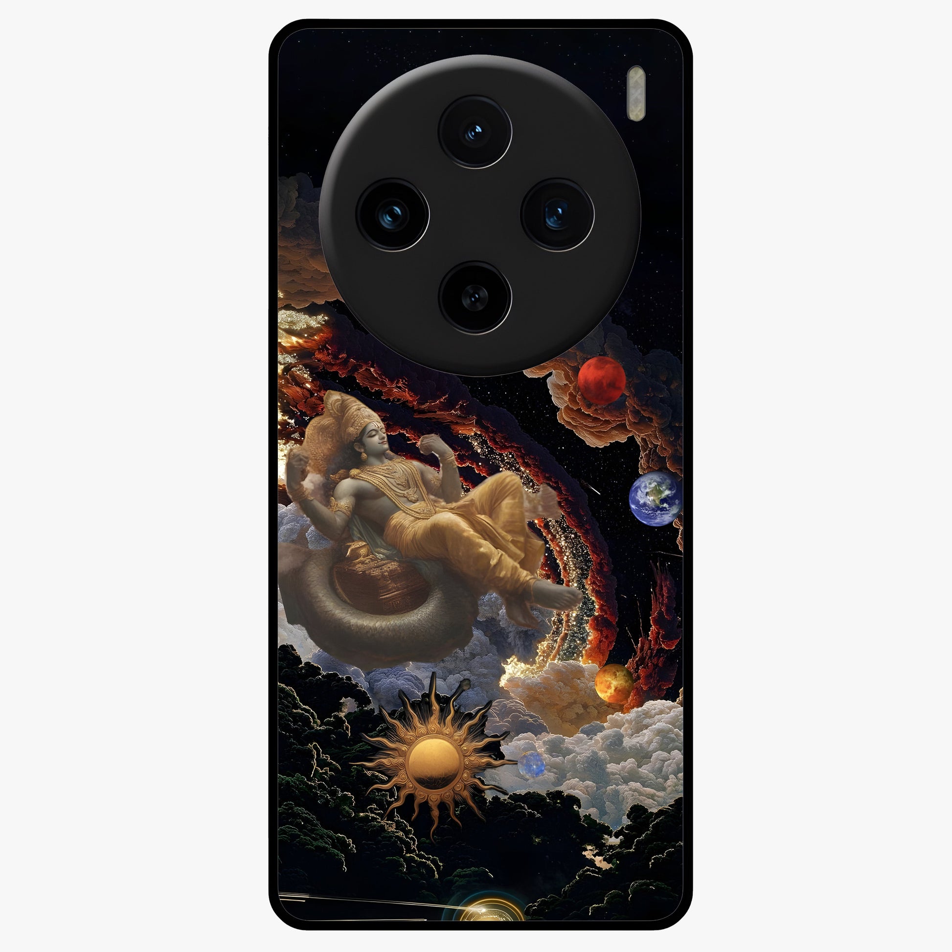 Galactic Divine God Glass Case showing flat back view with divine cosmic themed artwork and glossy glass finish.