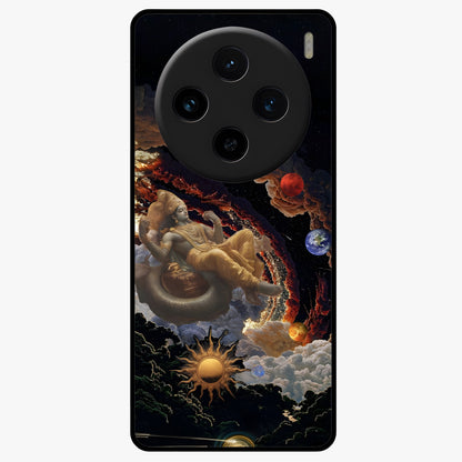 Galactic Divine God Glass Case showing flat back view with divine cosmic themed artwork and glossy glass finish.