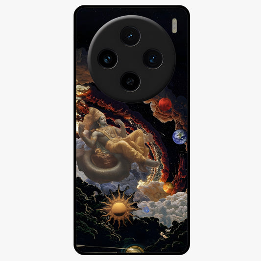 Galactic Divine God Glass Case showing flat back view with divine cosmic themed artwork and glossy glass finish.