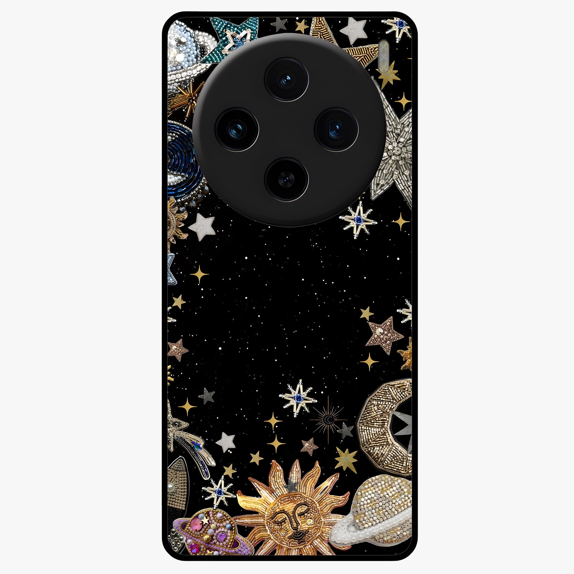 Galactic Jewel Stars Glass Case showing flat back view with sparkling star jewel artwork and glossy glass finish.