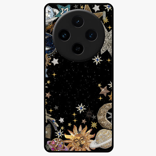 Galactic Jewel Stars Glass Case showing flat back view with sparkling star jewel artwork and glossy glass finish.