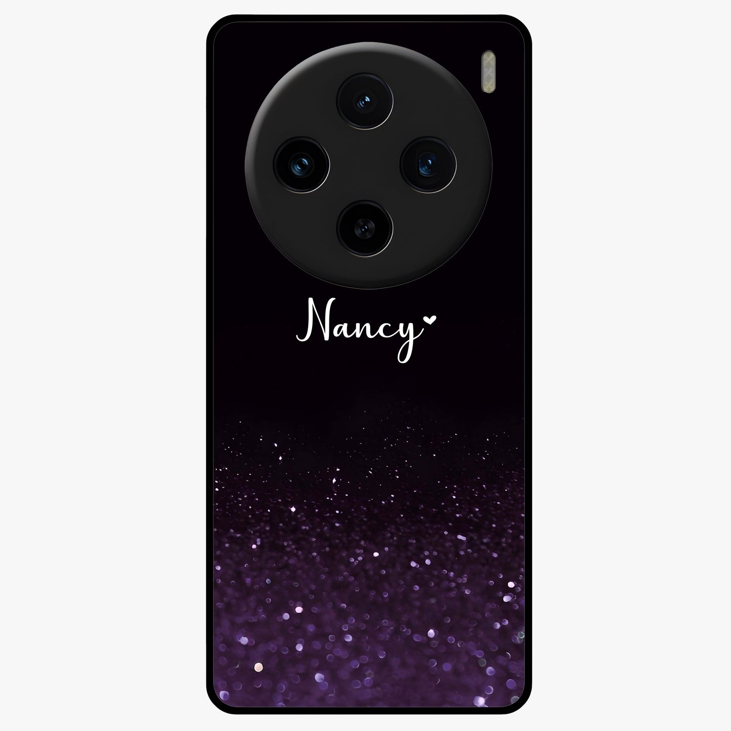 Glittery Purple Bokeh Custom Name Glass Case showing flat back view with purple bokeh sparkle artwork and personalized name design.