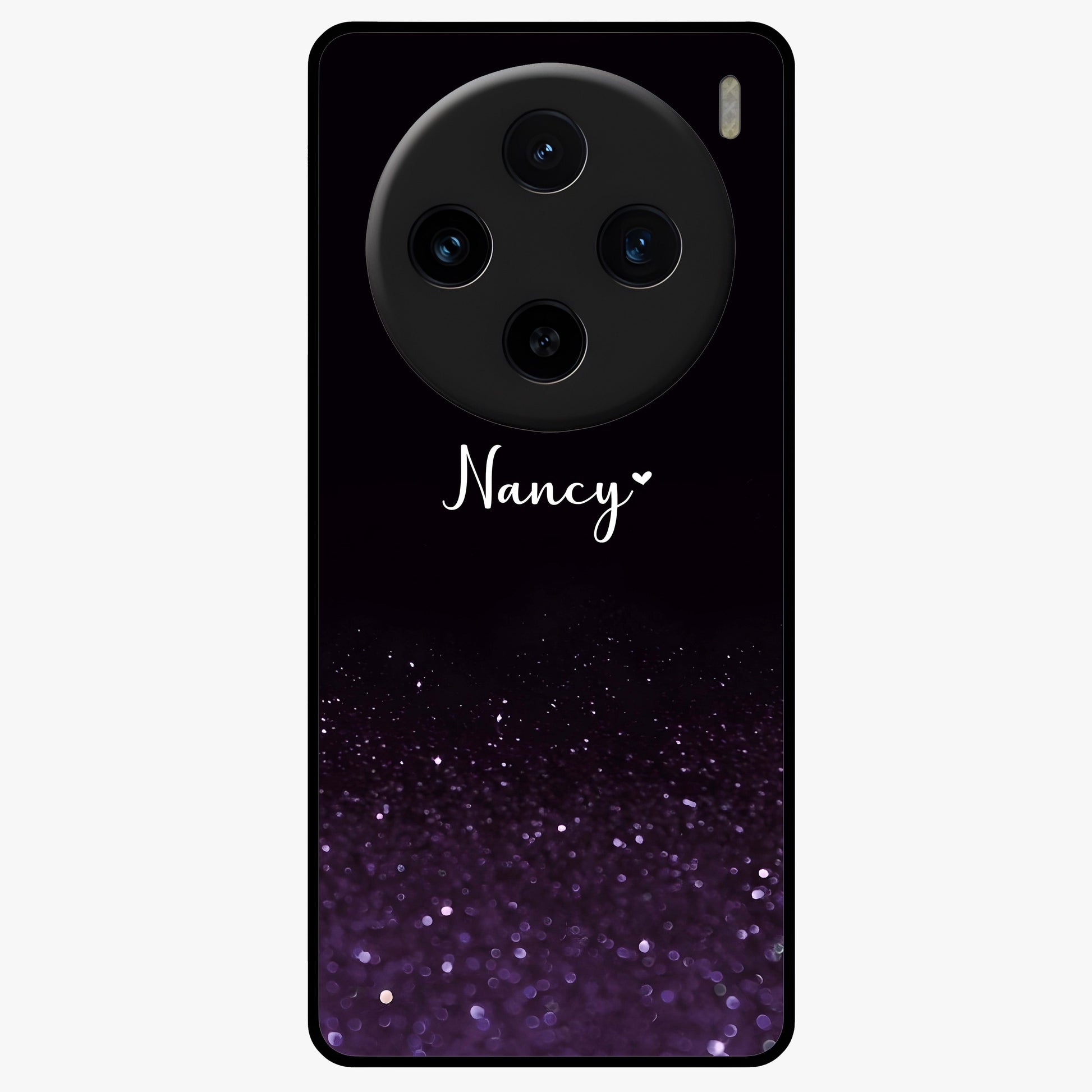 Glittery Purple Bokeh Custom Name Glass Case showing flat back view with purple bokeh sparkle artwork and personalized name design.
