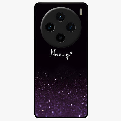 Glittery Purple Bokeh Custom Name Glass Case showing flat back view with purple bokeh sparkle artwork and personalized name design.
