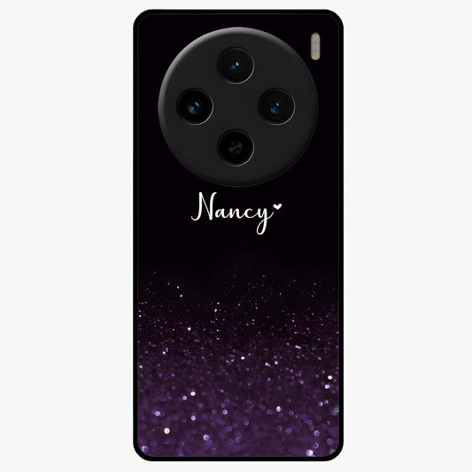 Glittery Purple Bokeh Custom Name Glass Case showing flat back view with purple bokeh sparkle artwork and personalized name design.