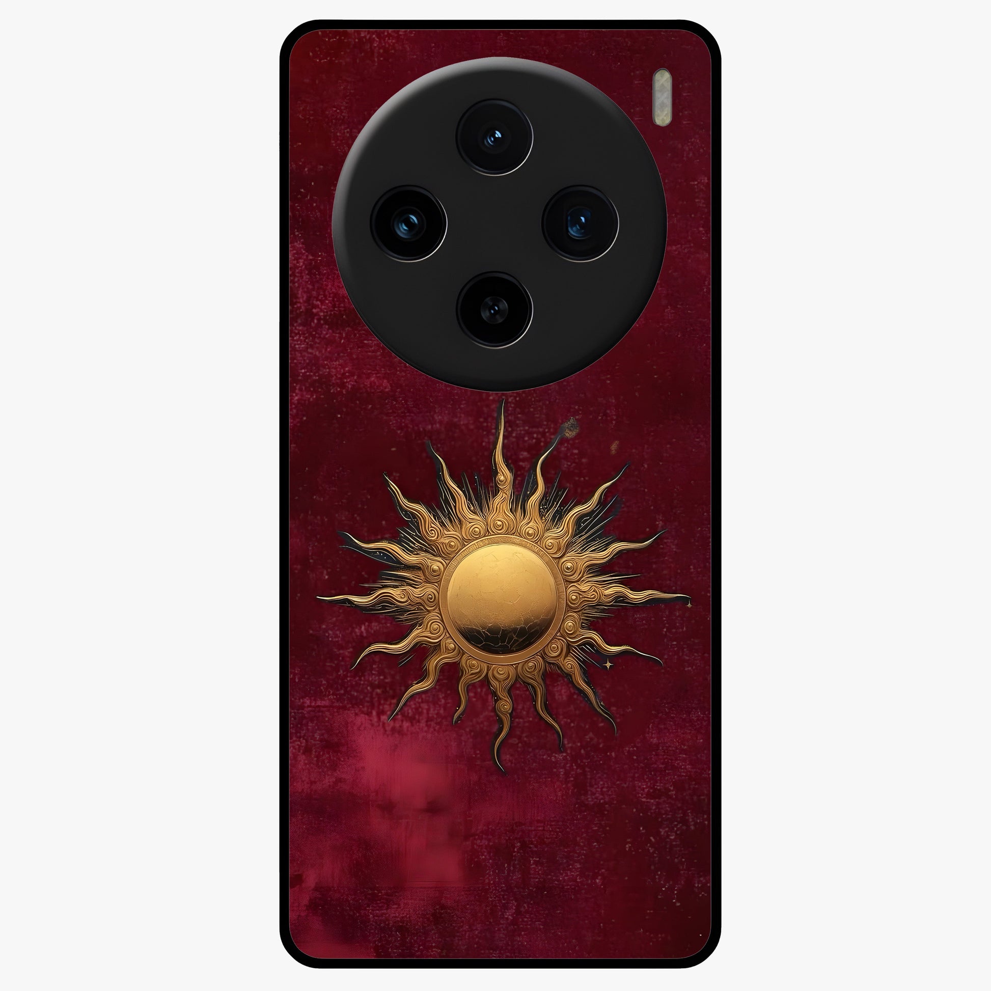 Gold Sun Blush Glass Case showing flat back view with golden sun inspired artwork and glossy glass finish.