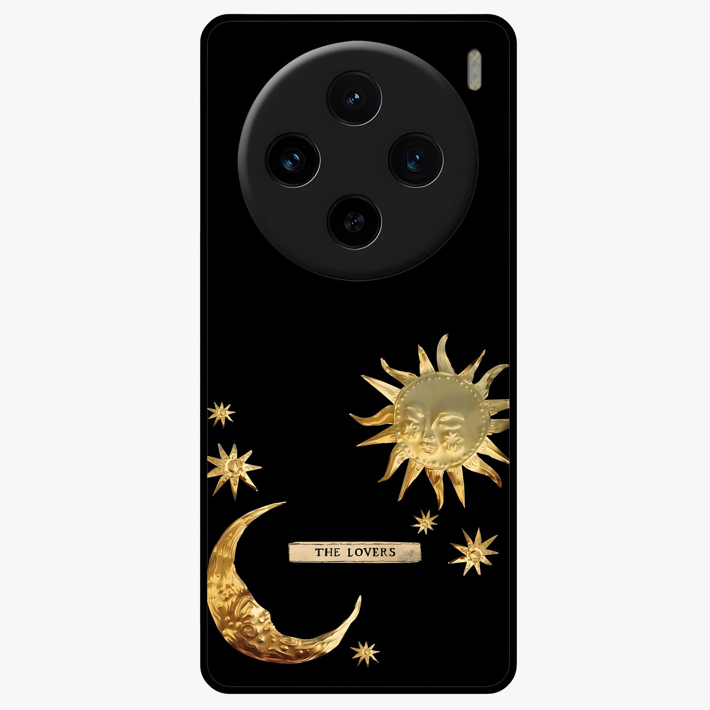 Golden Celestial Charm Glass Case showing flat back view with golden celestial charm artwork and glossy glass finish.