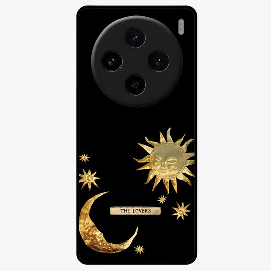 Golden Celestial Charm Glass Case showing flat back view with golden celestial charm artwork and glossy glass finish.