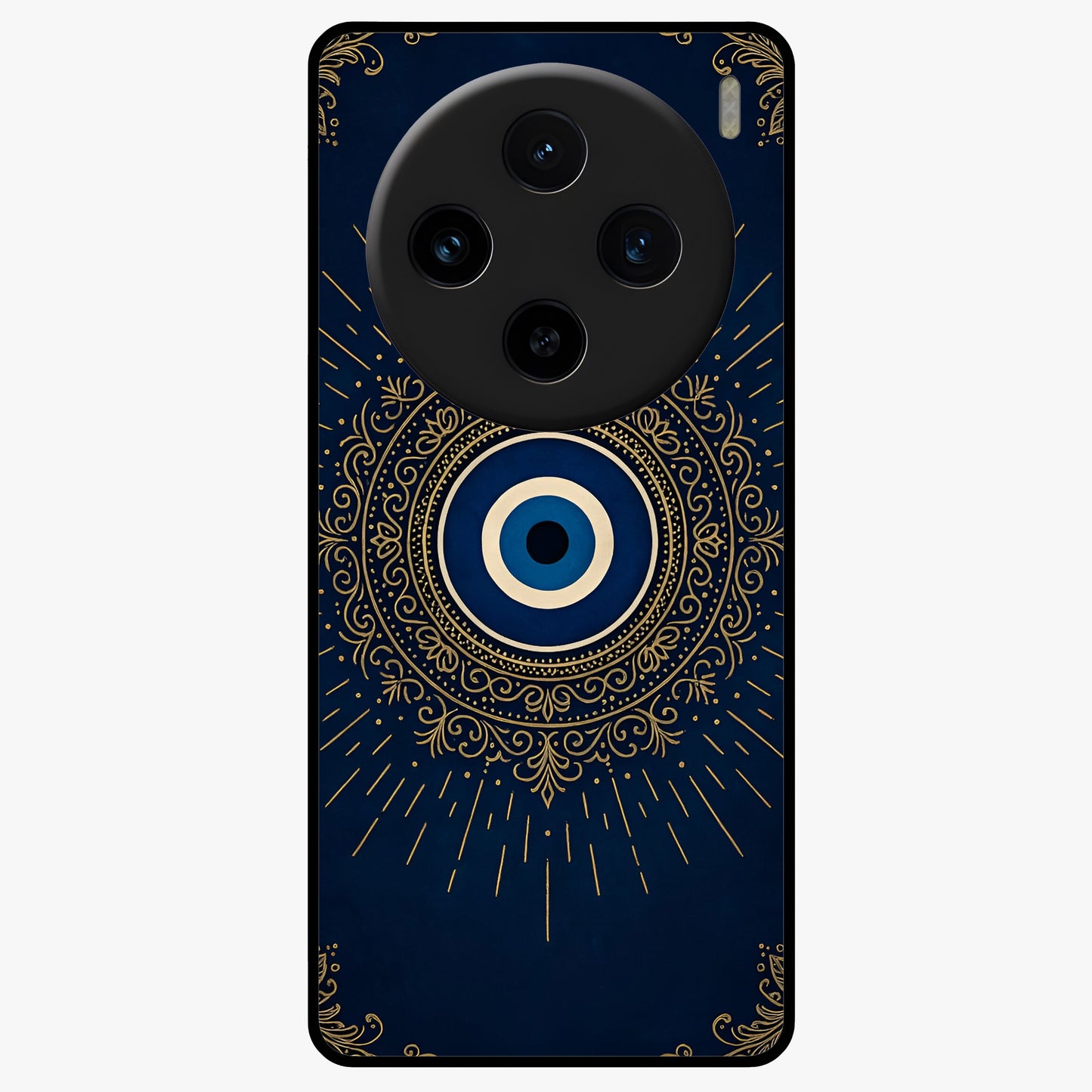 Golden Evil Eye Mandala Glass Case showing flat back view with intricate evil eye mandala artwork and glossy glass finish.
