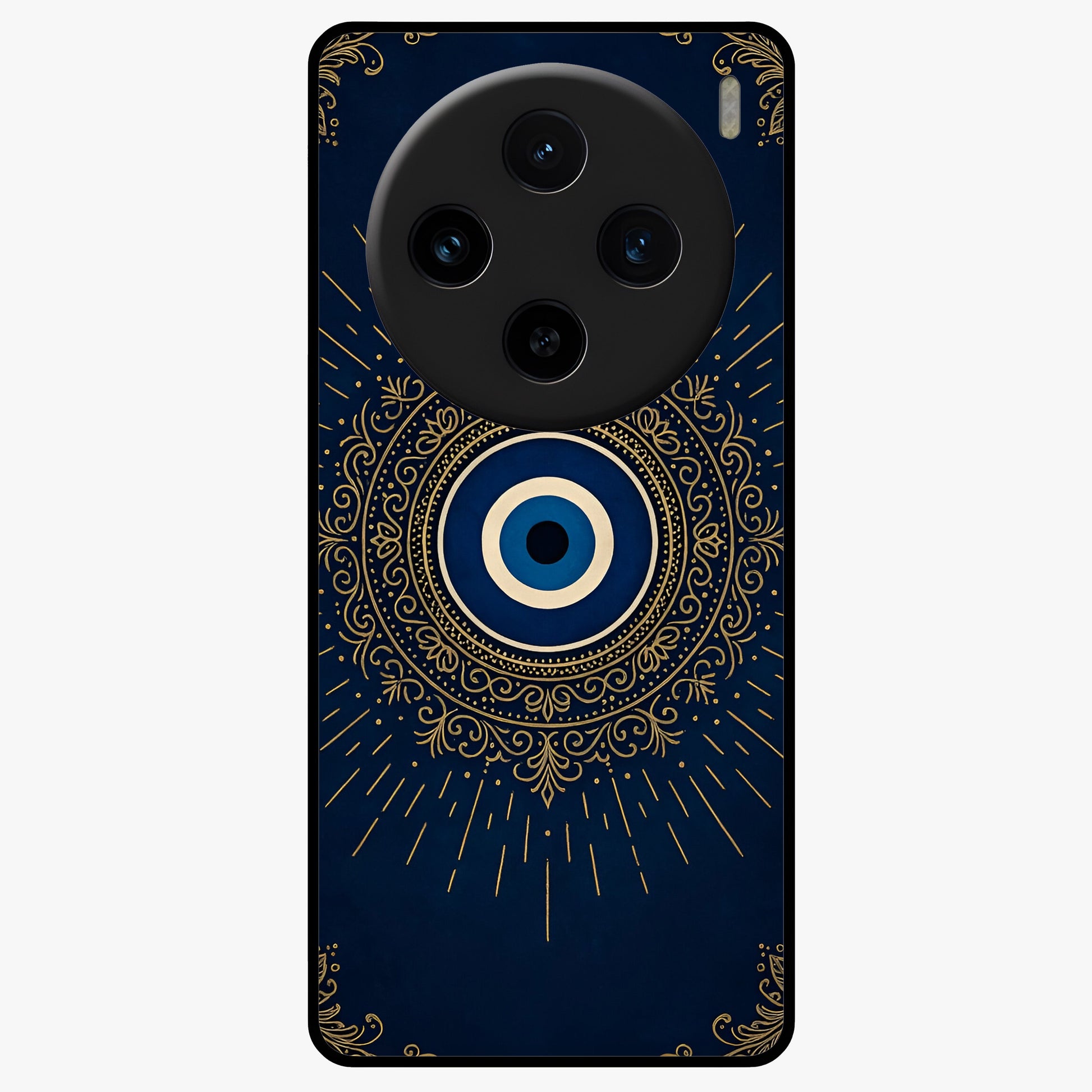 Golden Evil Eye Mandala Glass Case showing flat back view with intricate evil eye mandala artwork and glossy glass finish.