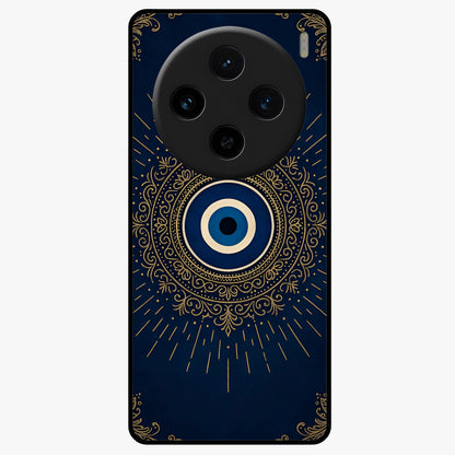 Golden Evil Eye Mandala Glass Case showing flat back view with intricate evil eye mandala artwork and glossy glass finish.