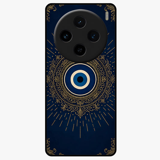 Golden Evil Eye Mandala Glass Case showing flat back view with intricate evil eye mandala artwork and glossy glass finish.