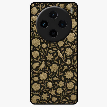 Golden Floral Majesty Glass Case showing flat back view with luxurious golden floral artwork and glossy glass finish.