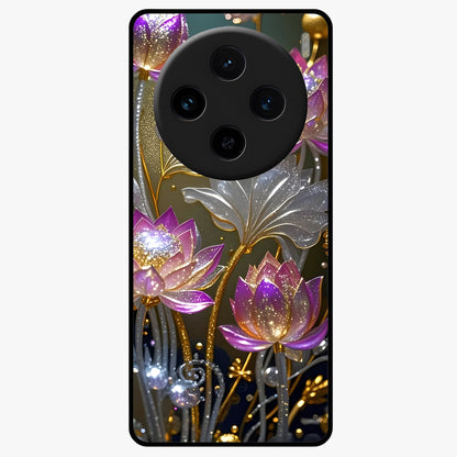 Golden Lotus Glow Glass Case showing flat back view with glowing lotus flower artwork and glossy glass finish.