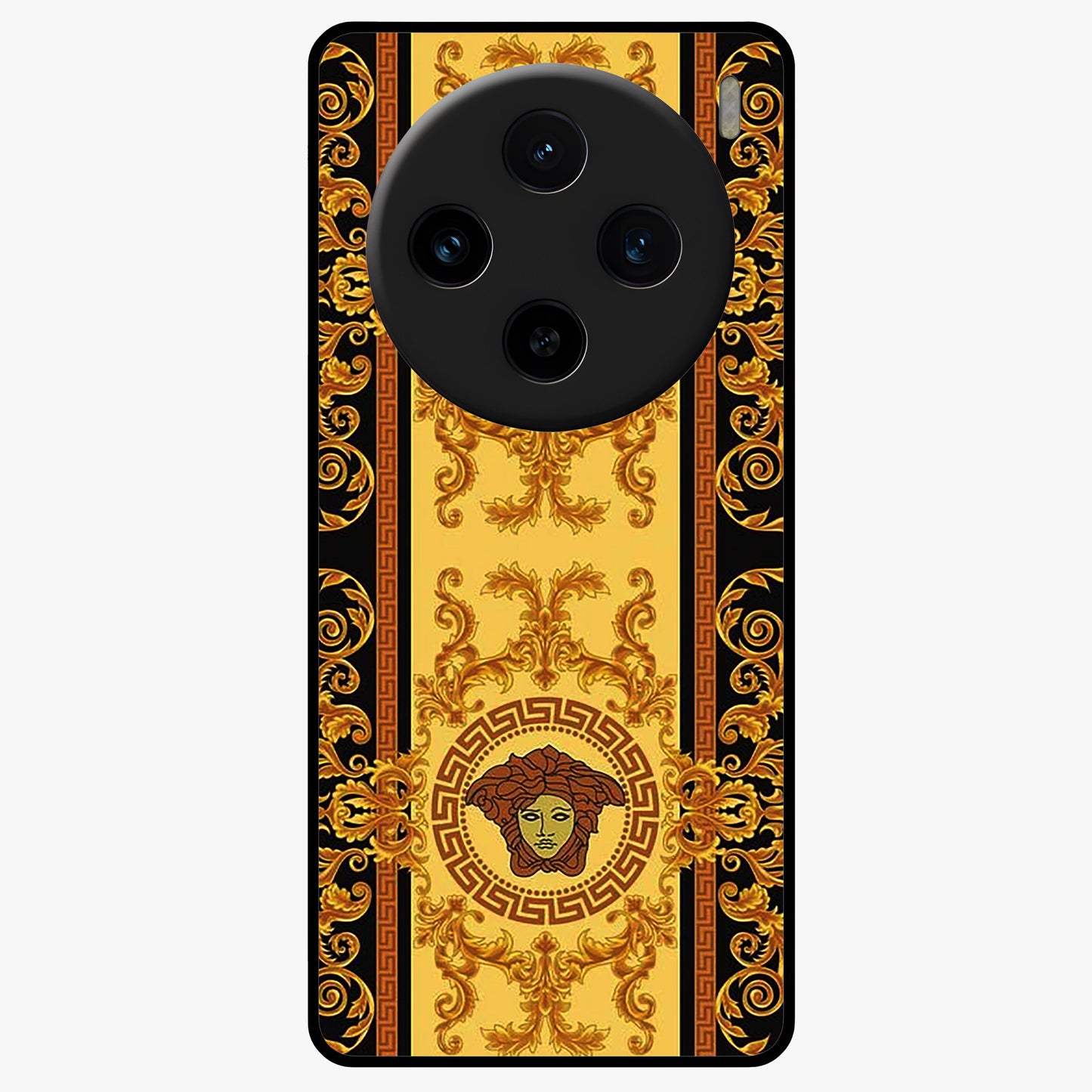 Golden Royal Heritage Glass Case showing flat back view with ornate royal pattern artwork and glossy glass finish.