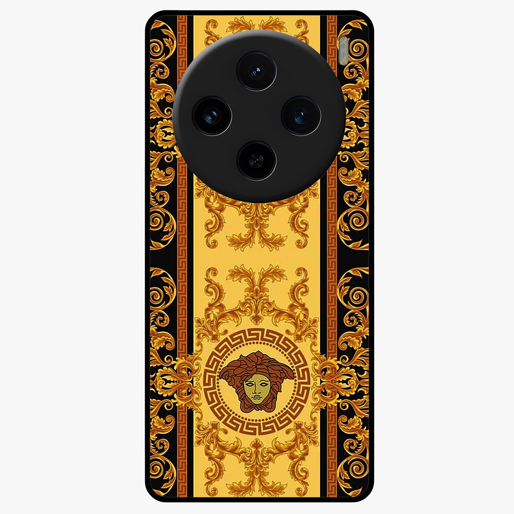 Golden Royal Heritage Glass Case showing flat back view with ornate royal pattern artwork and glossy glass finish.
