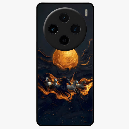 Golden Stallion Moonride Glass Case showing flat back view with majestic horse under moonlight artwork and glossy glass finish.